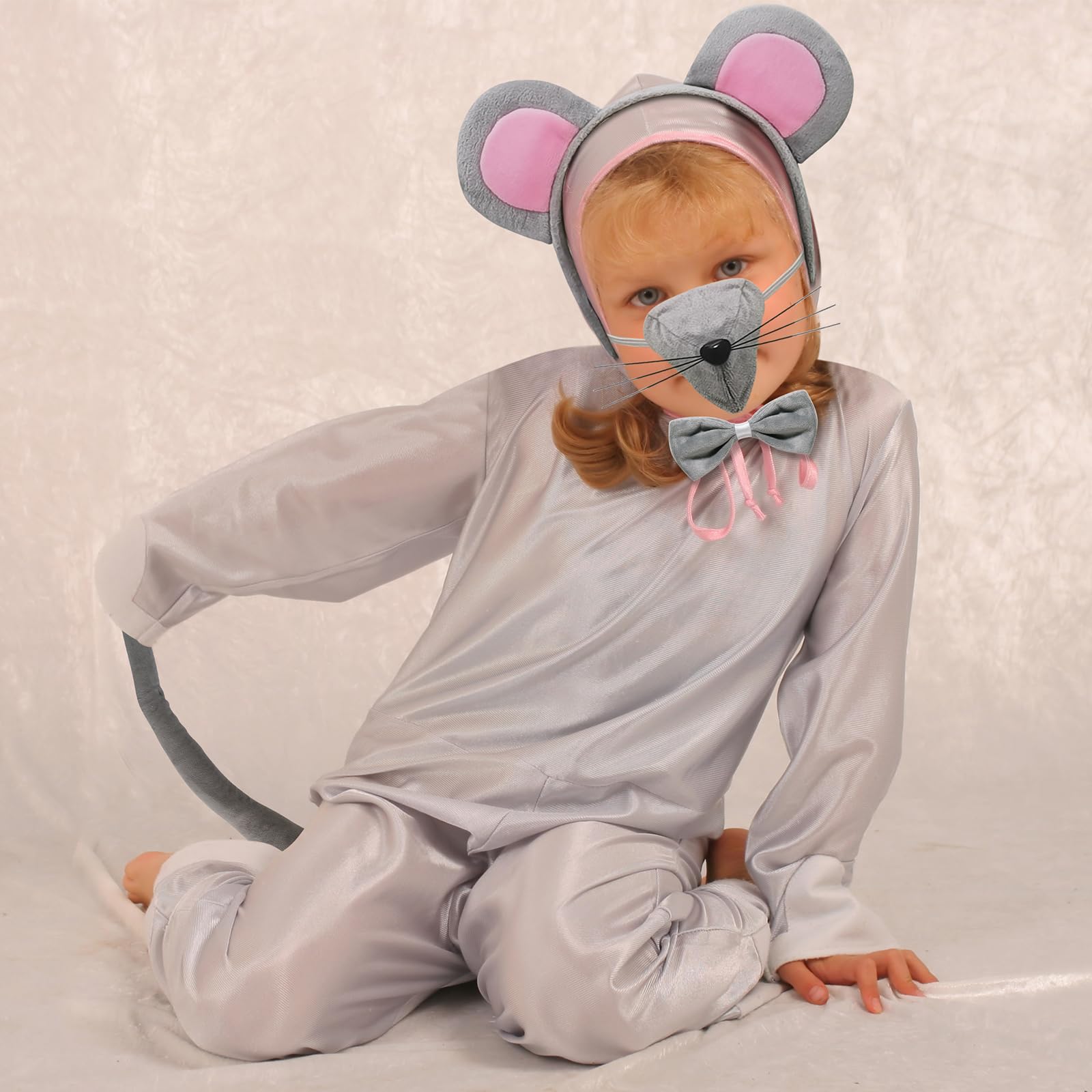 CASW Mouse Costume Ears-Headband-Tail-Nose-Bow-Tie Accessories Set : Standing Up Grey and Pink Ears Headband and Tail, Bow Tie Mouse Halloween Accessories Set - for Toddlers and Kids