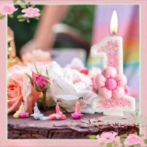 Zi Lan Birthday Candle for Girl, Pink Gerbera Daisy Flower 1st Birthday Party Decorations, Number 1 Cake Candle, Pink Sequin Birthday Cake Toppers for Baby Shower Anniversary Party Celebration supplie