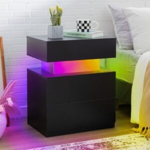 bingoday led nightstand black modern night stand with 3 drawers led bedside tables for bedroom end tables with led strip lights (black)