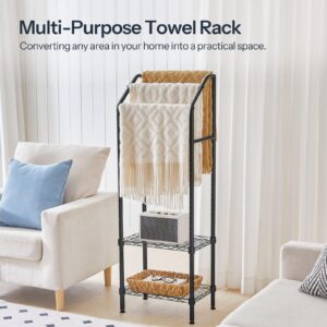 HOOBRO 47.8" Tall Freestanding Towel Rack for Bathroom, 3 Tier Stepped Blanket Rack with 2 Adjustable Shelves, Pool Towel Drying and Display Rack, Quilt Rack, for Living Room, Bedroom, Black BK25LB01