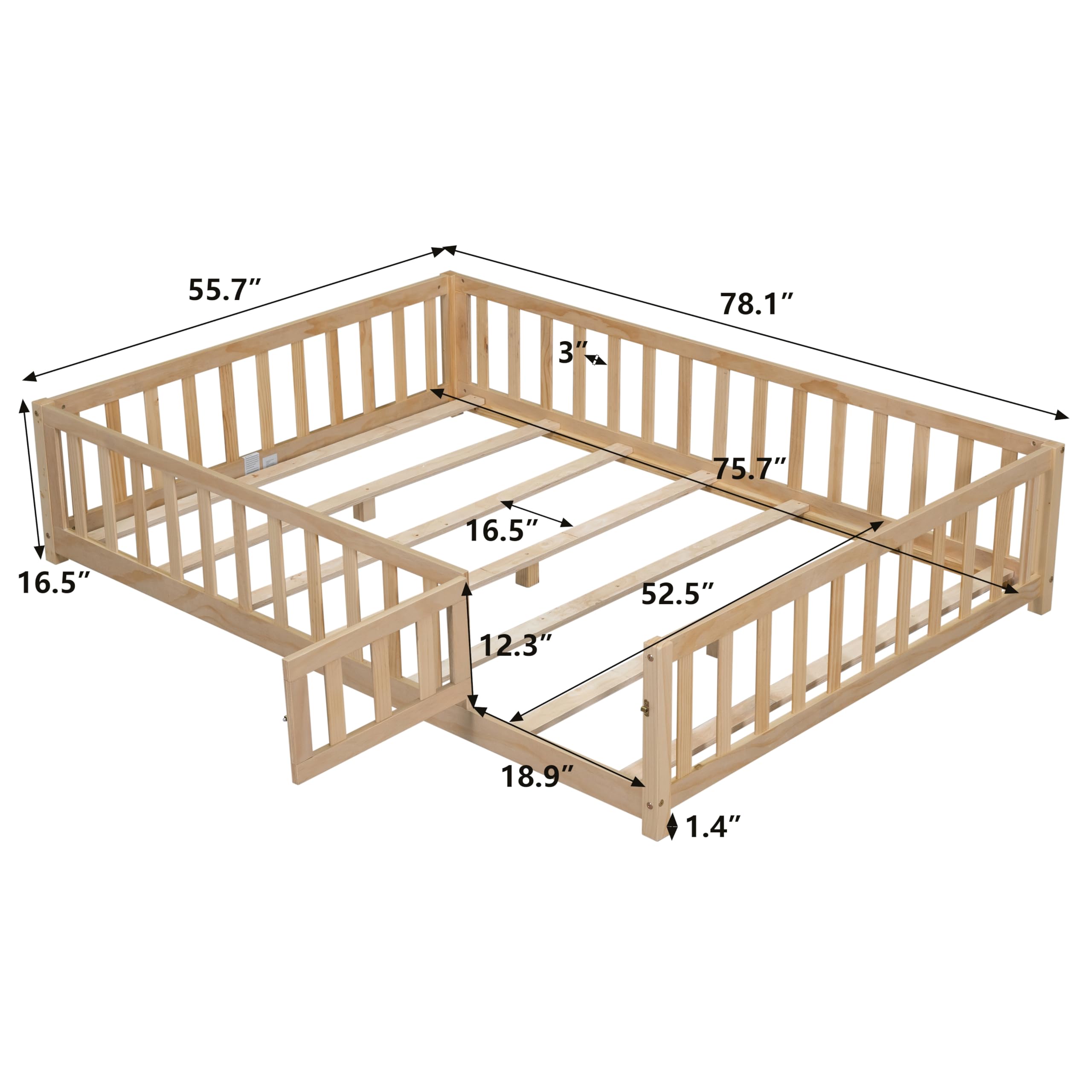 Bellemave Floor Bed Full Size Montessori Bed Frame with Fence and Door, Wooden Full Platform Bed for Kids, Boys Girls, Solid Wood Full Bed, No Box Spring Needed,Natural