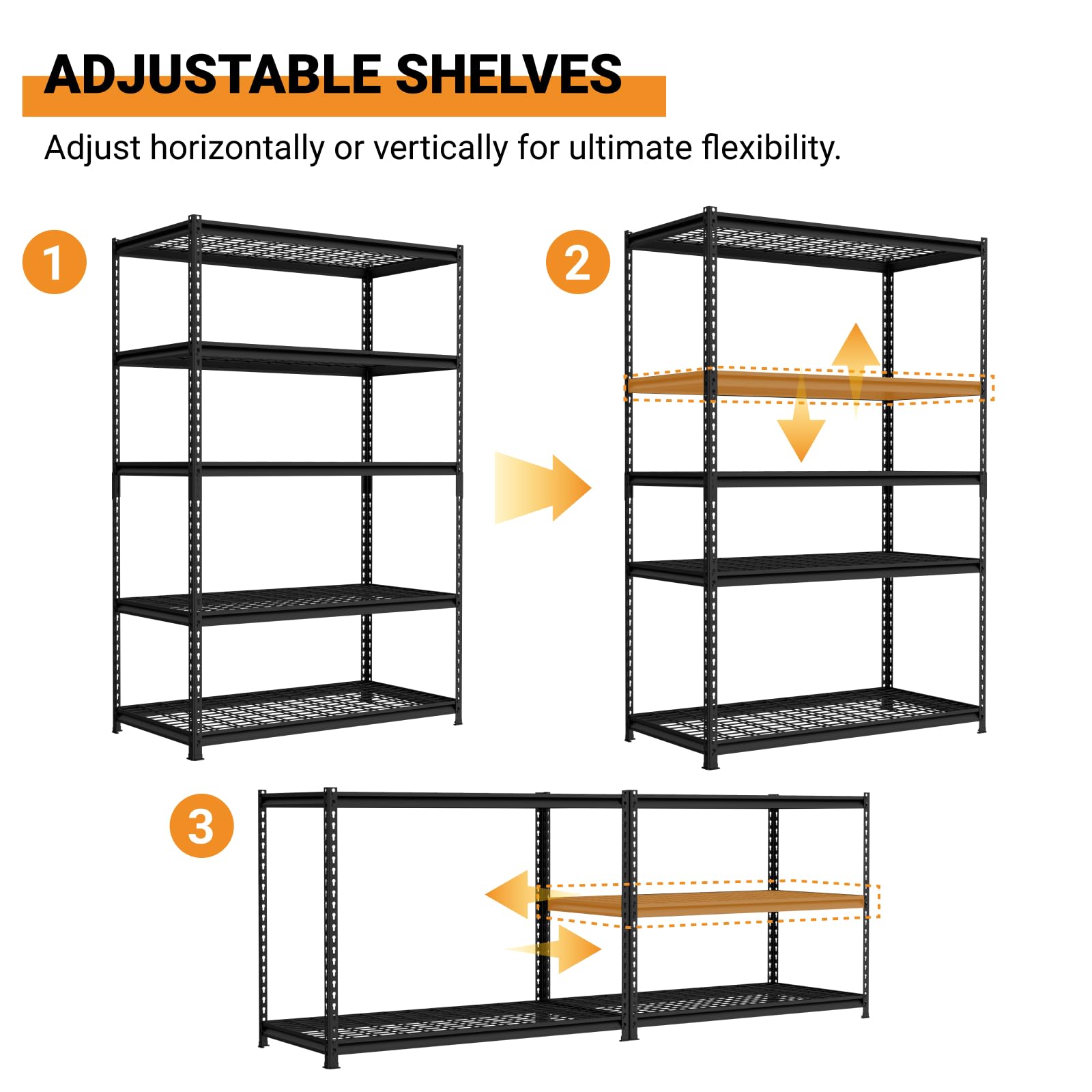 eShelf 48" W Heavy Duty Garage Shelving Unit, 5-Tier Adjustable Metal Storage Shelves with Boltless Desgin for Storage in Garage, Warehouse, Basement, 1100 lbs Capacity, 48" W x 24" D x 72" H, Black