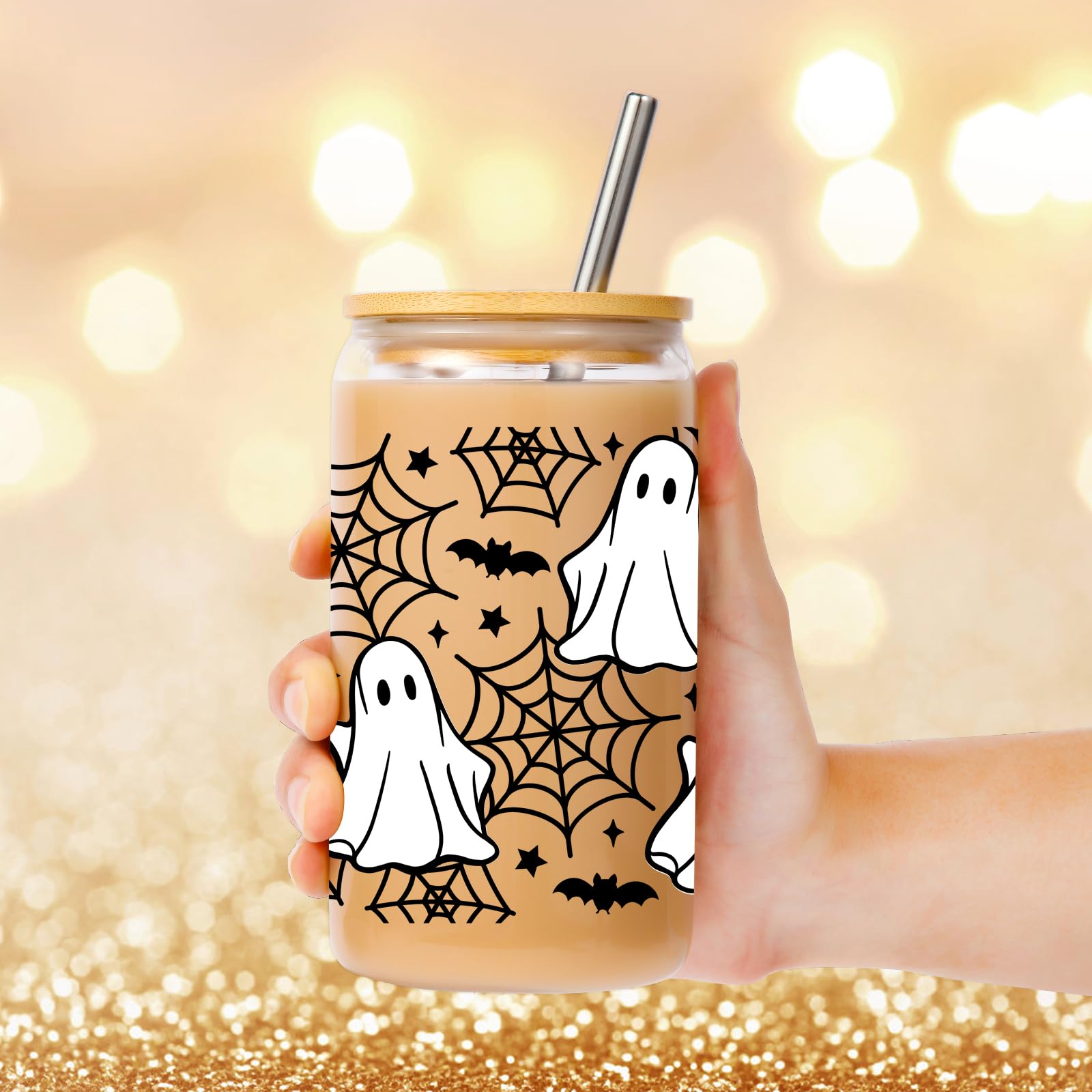 Lovearth 16oz Halloween Ghost Glass Tumbler, Spider Web Halloween Glass Cup with Lid and Straw, Cute Halloween Bats Cup, Spooky Gifts, Boo Basket Stuffers for Women, Gifts for Halloween Lovers