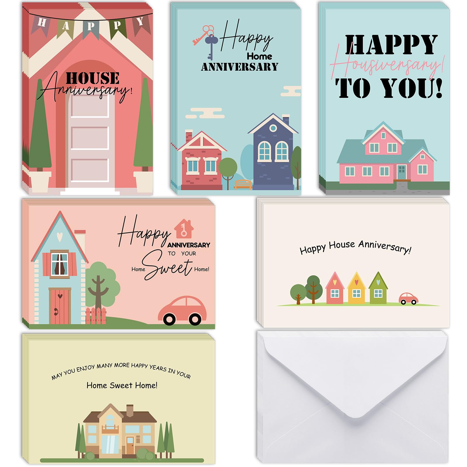 Motiskyy 48 Pcs Happy Home Anniversary Cards with Envelopes Bulk Blank Welcome House Cards Real Estate Thank You Notes Housewarming Greeting Cards for Clients Neighbors Gifts, 4 x 6 in (Classic)