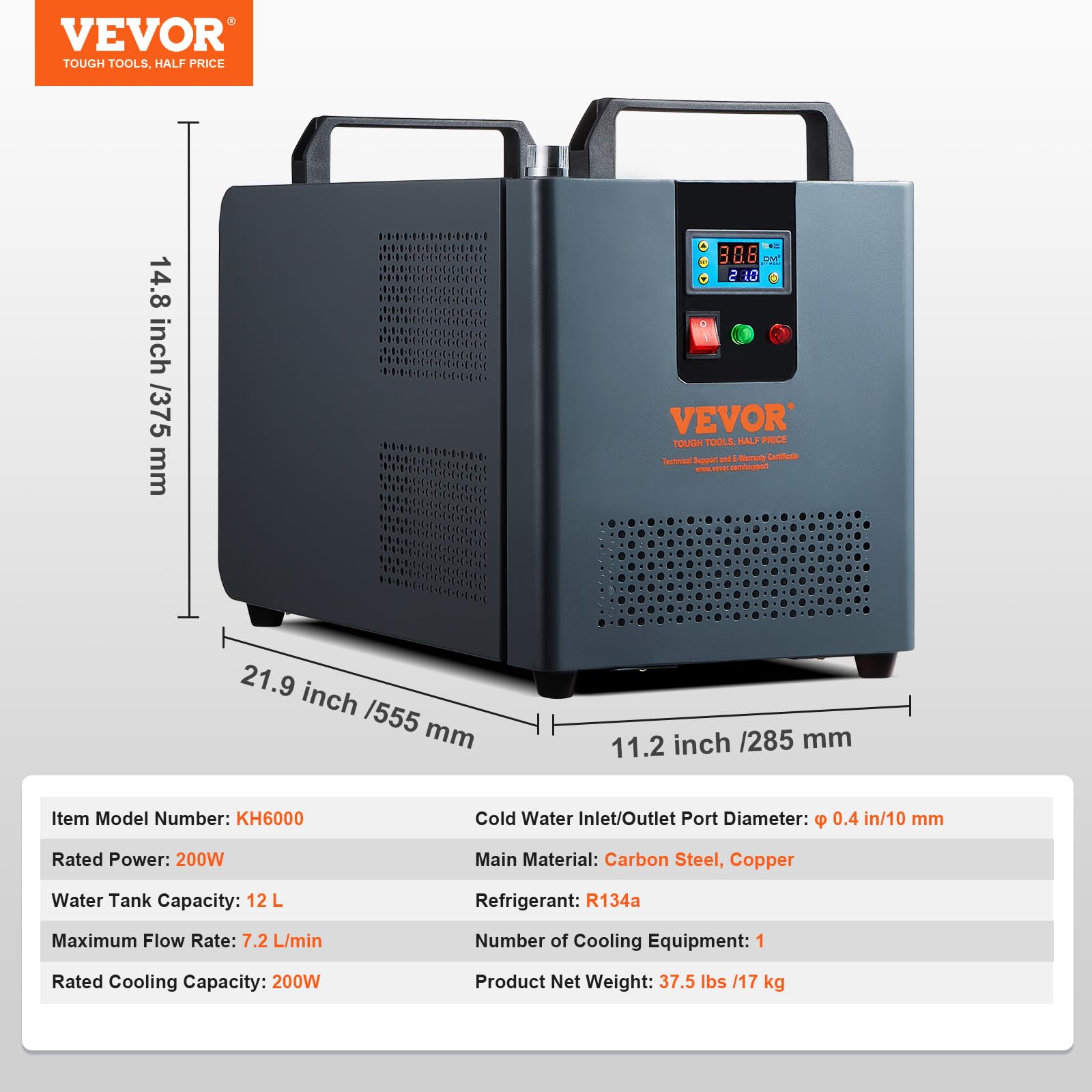 VEVOR Industrial Water Chiller, KH-6000, 200W Industrial Water Cooler with Compressor 7.8 L/min Max Flow Rate, for 60W 70W 80W 90W 100W CO2 Laser Engraving & Cutting Machine