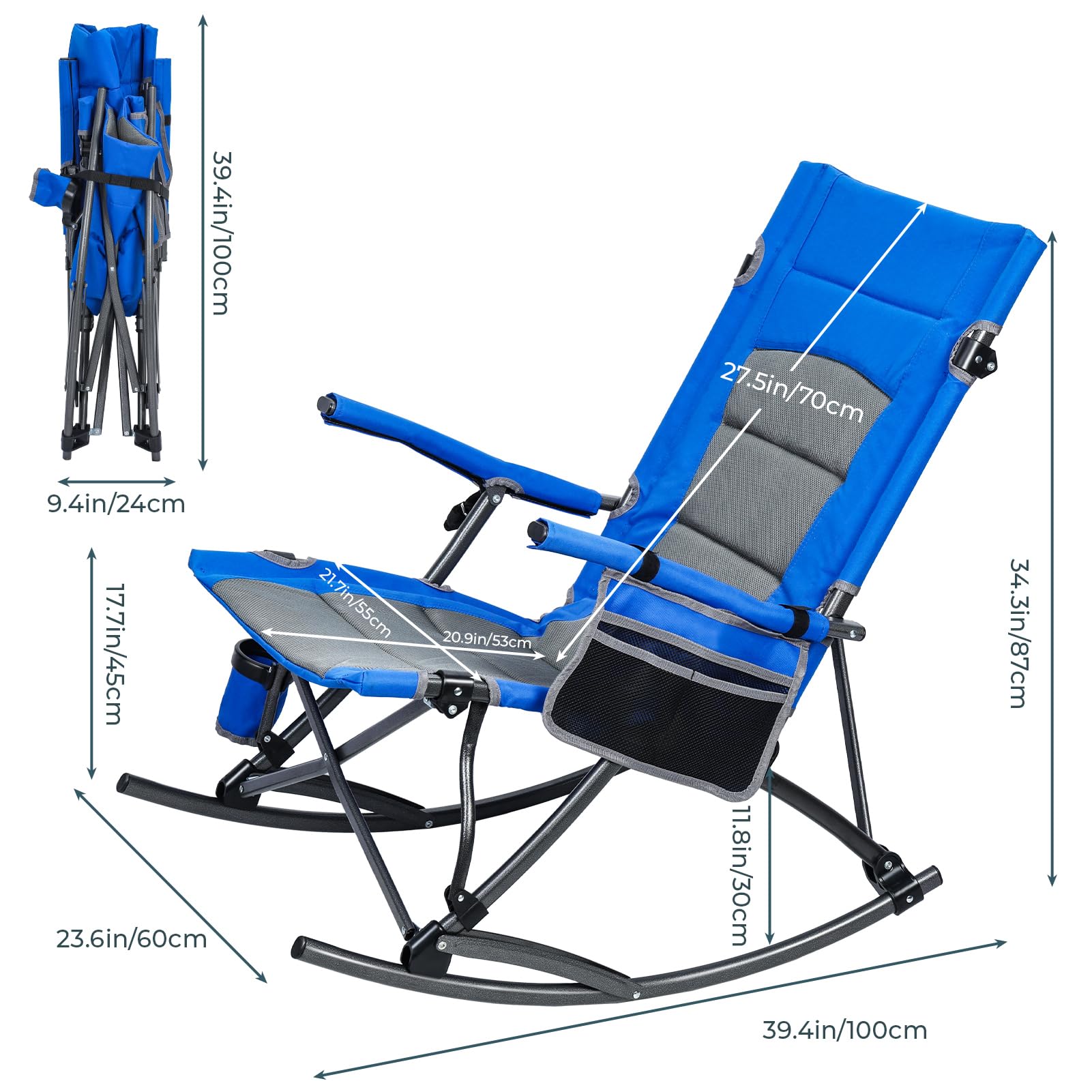 Rocking Chair, Camping Chair, Oversized Folding Rocking Camping Chair, Adults Heavy Duty Camping Chair, Outside Folding Rocking Chair for Patio, Lawn and Outdoors (Blue)