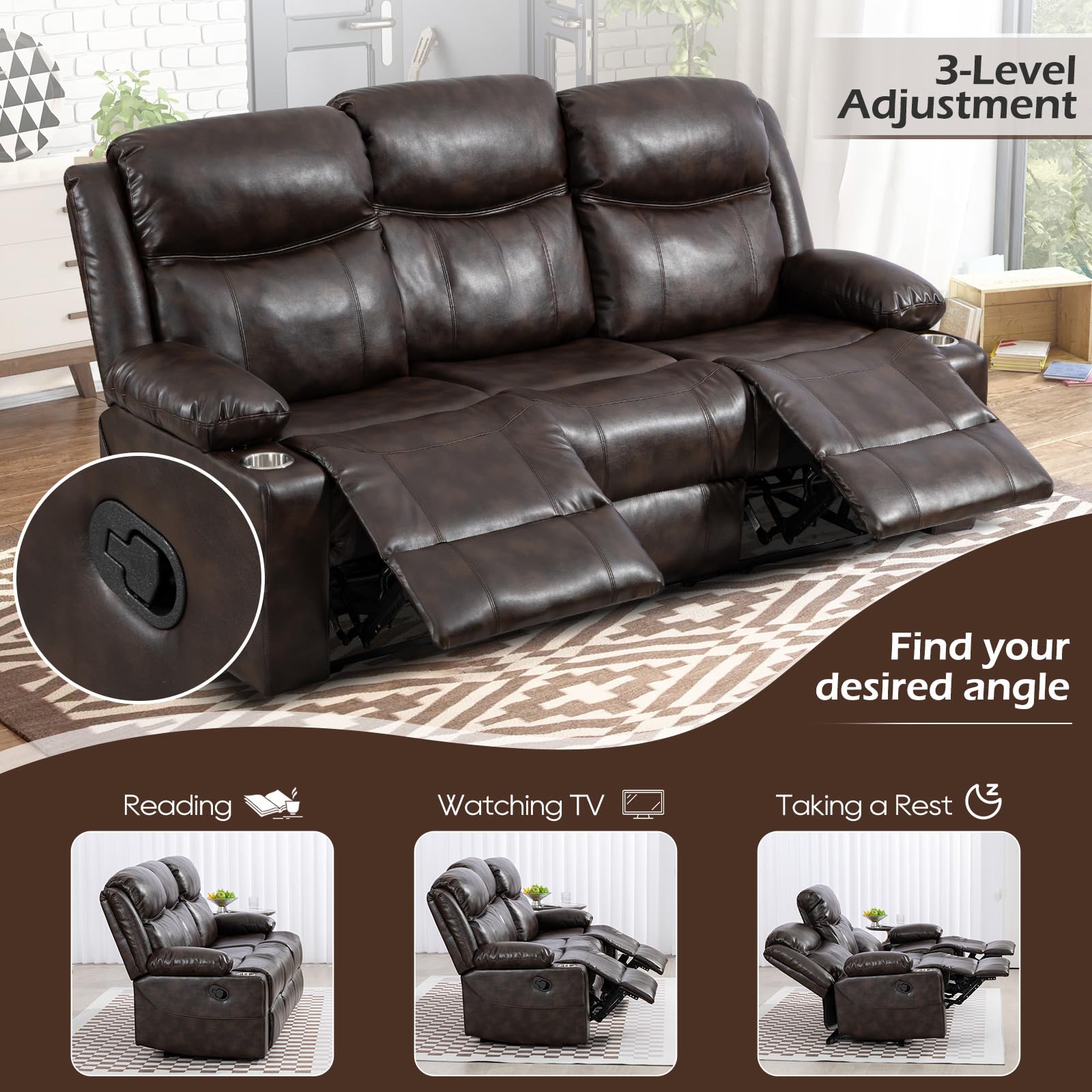 B BAIJIAWEI Reclining Sofa - 3 Seater Manual Recliner with Massage and Heat, Cup Holders, Loveseat Recliner Couch for Living Room(Brown)