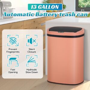 Qxznby 13 Gallon Automatic Trash Can Bathroom Trash Can with Lid, Garbage Can 50 Liter Touch Free High-Capacity Brushed, Stainless Steel Waste Bin for Kitchen Bedroom Living Room Office(Pink)