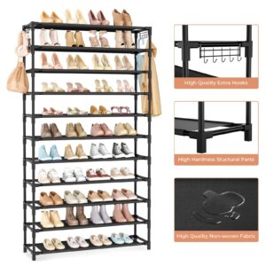 VILICK 11 Tiers Tall Wide Shoe Rack 55 Pairs Large Capacity Sturdy Durable Shoe Rack for Closet Metal Shoe Organizer Shelf with Two Hooks Space Saving for Entryway Black