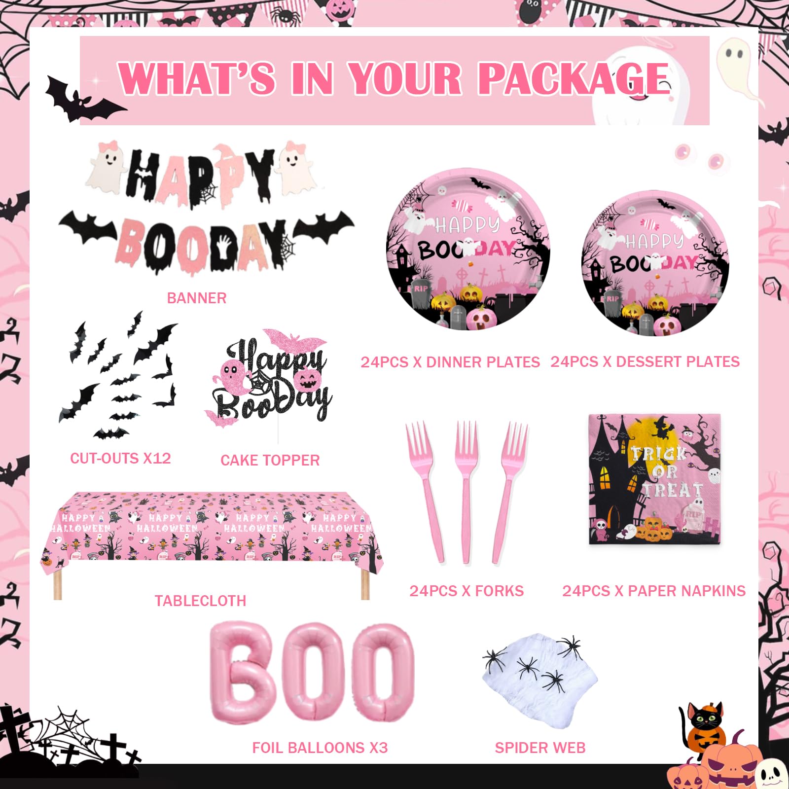 Fiesec Happy Boo Day Party Decorations, Pink Halloween Birthday Supplies for Outdoor Indoor Yard Home Room Girl, Banner Bat Ghost Spider Balloon Tablecloth Cake Topper Tableware Plates Napkins Forks