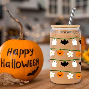 Lovearth Halloween Pumpkin Ghost String Lights Cup, Fall Cup, Halloween Bats Cup, 16oz Halloween Glass Cup with Lid & Straw, Spooky Gifts, Halloween Gifts for Women, Men, Teens, Halloween Lovers