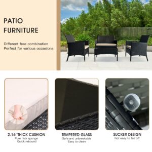 Peacabo 4 Piece Patio Furniture Set Sectional Table Chair, Wicker Sofa with Armrest Chair Loveseat and Rattan Side Table, Outdoor Conversation Sets for Garden Lawn Pool or Backyard, Coffee/Beige