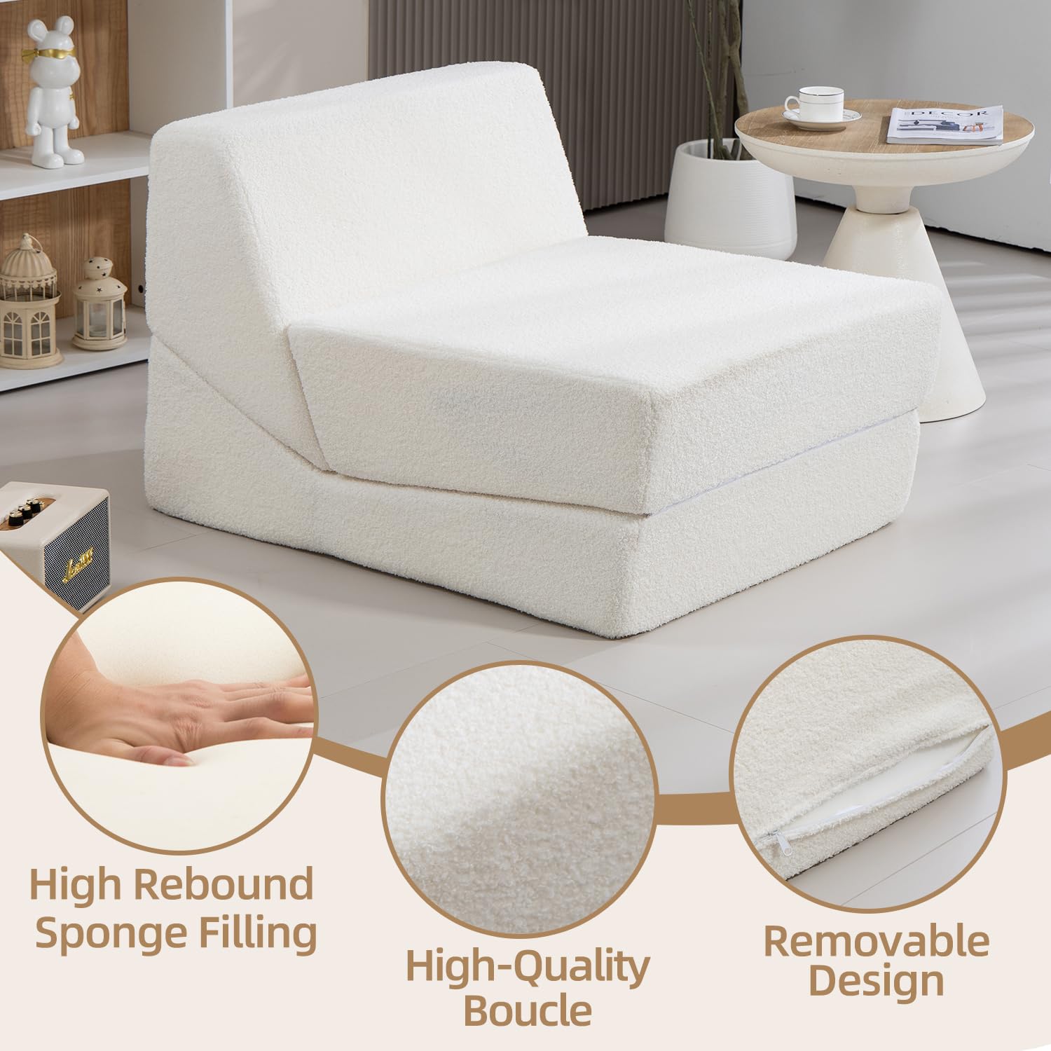 hyrfurn 3-in-1 Folding Sofa Bed with Memory Foam, Foldable Couch Bed for Living Room, Floor Couch Bed for Bedroom,White