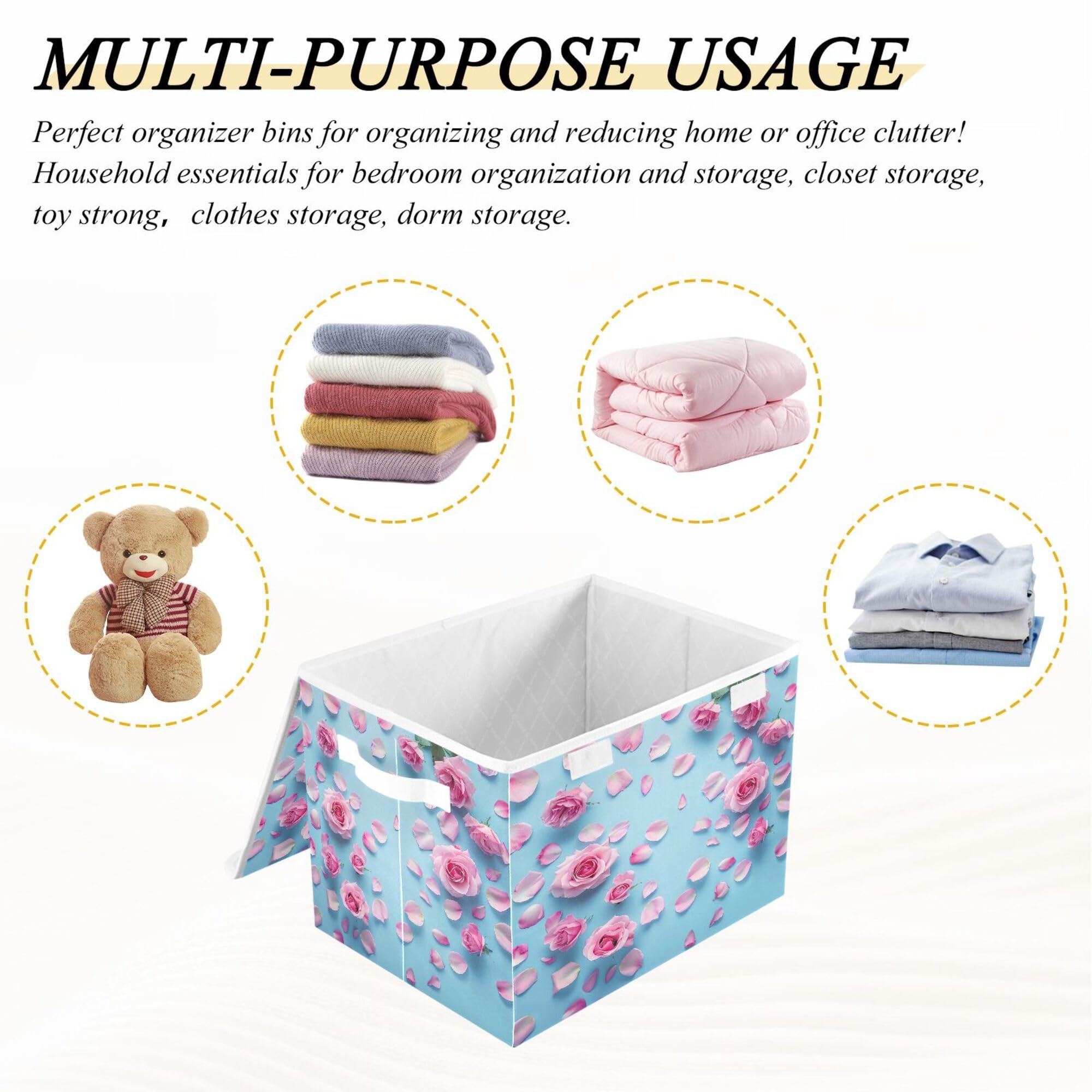 Hzwxjrlf Foldable Storage Box, Storage Bins with Lids， Storage Boxes with Handles, Storage Boxes For Clothing, Storage Bins For Homes and Offices （Beautiful Roses）