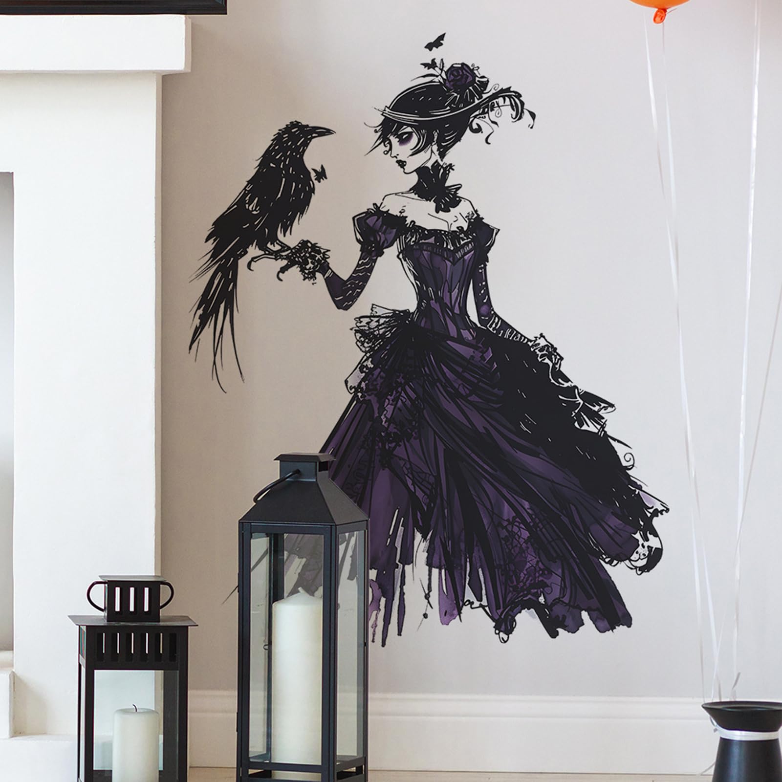 Halloween Witch Wall Stickers Queen of The Night with Black Crow Design Halloween Window Stickers 23.6 x 15.7 Inch Anime Wall Decals for Home Indoor Office Party Halloween Decorations Supplies