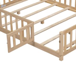 Bellemave Floor Bed Full Size Montessori Bed Frame with Fence and Door, Wooden Full Platform Bed for Kids, Boys Girls, Solid Wood Full Bed, No Box Spring Needed,Natural