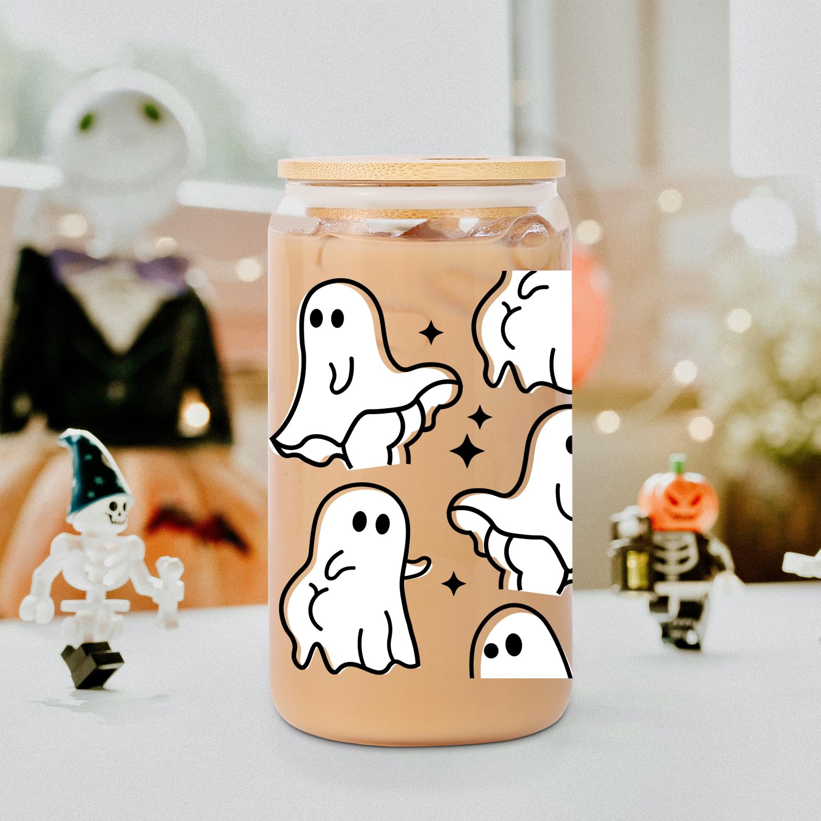 Lovearth Halloween Ghost Glass Tumbler, Cute Halloween Glass Cup with Lid and Straw, 16oz Iced Coffee Cup, Spooky Gifts, Boo Basket Stuffers for Women, Men, Teens, Gifts for Halloween Lovers