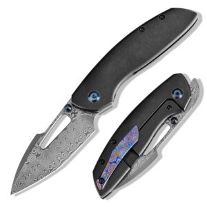 kansept link pocket folding knives for men edc camping hiking folding knife for men women 3'' damascus blade material pocke knife with blackwash titanium handle everyday carry k1068a4