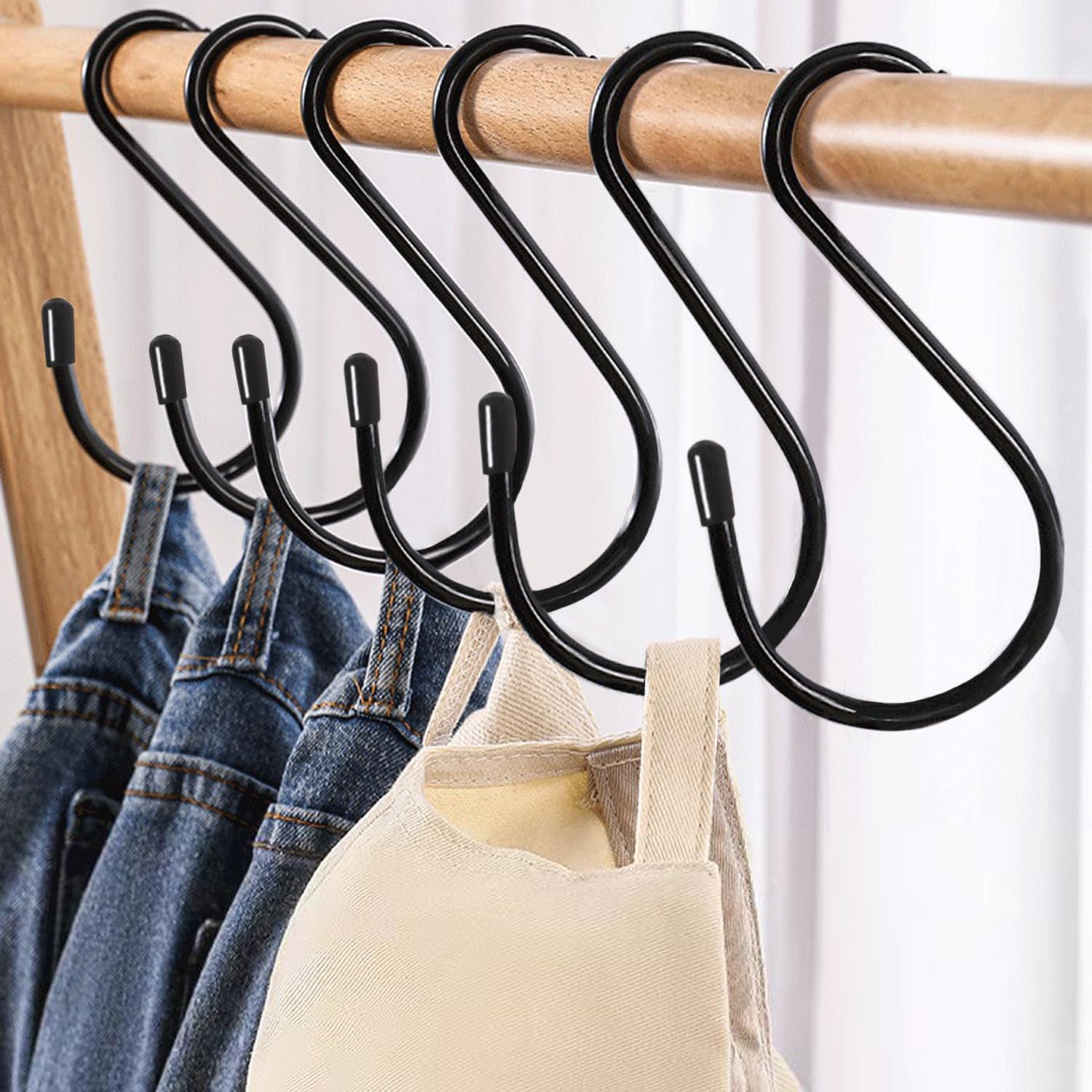 6 Inch S Hooks 4-Pack Large S Hooks for Hanging Plants Closet Hooks Vinyl Coated Black S Hooks Heavy Duty Steel Metal Rubber S Hooks for Hanging Plants, Jeans, Pot Pan Garden