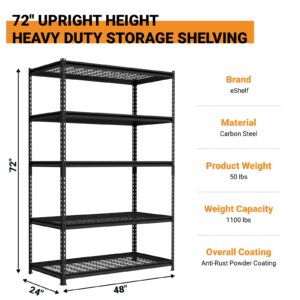 eShelf 48" W Heavy Duty Garage Shelving Unit, 5-Tier Adjustable Metal Storage Shelves with Boltless Desgin for Storage in Garage, Warehouse, Basement, 1100 lbs Capacity, 48" W x 24" D x 72" H, Black