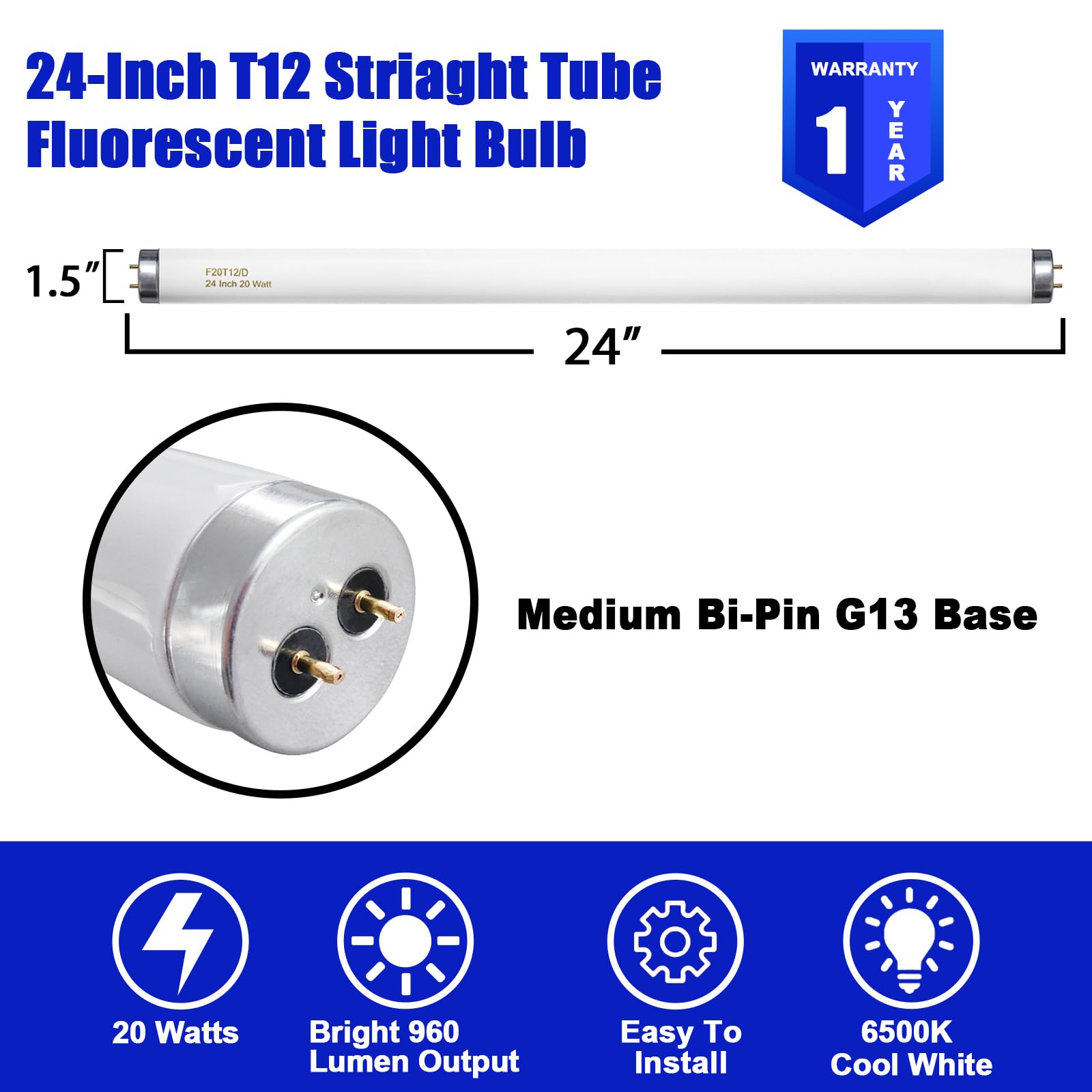 F20T12/D 20 Watt Light Bulb Daylight, 24 Inch T12 Fluorescent Tube 20W Compatible with Philips Sylvania GE Light Fixture 1400lm G13 Cap 4 Count