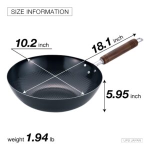 Wok pan Induction NonStick Cooker 10.2inch - Iron Embossed Surface Wood Handle Made in Japan