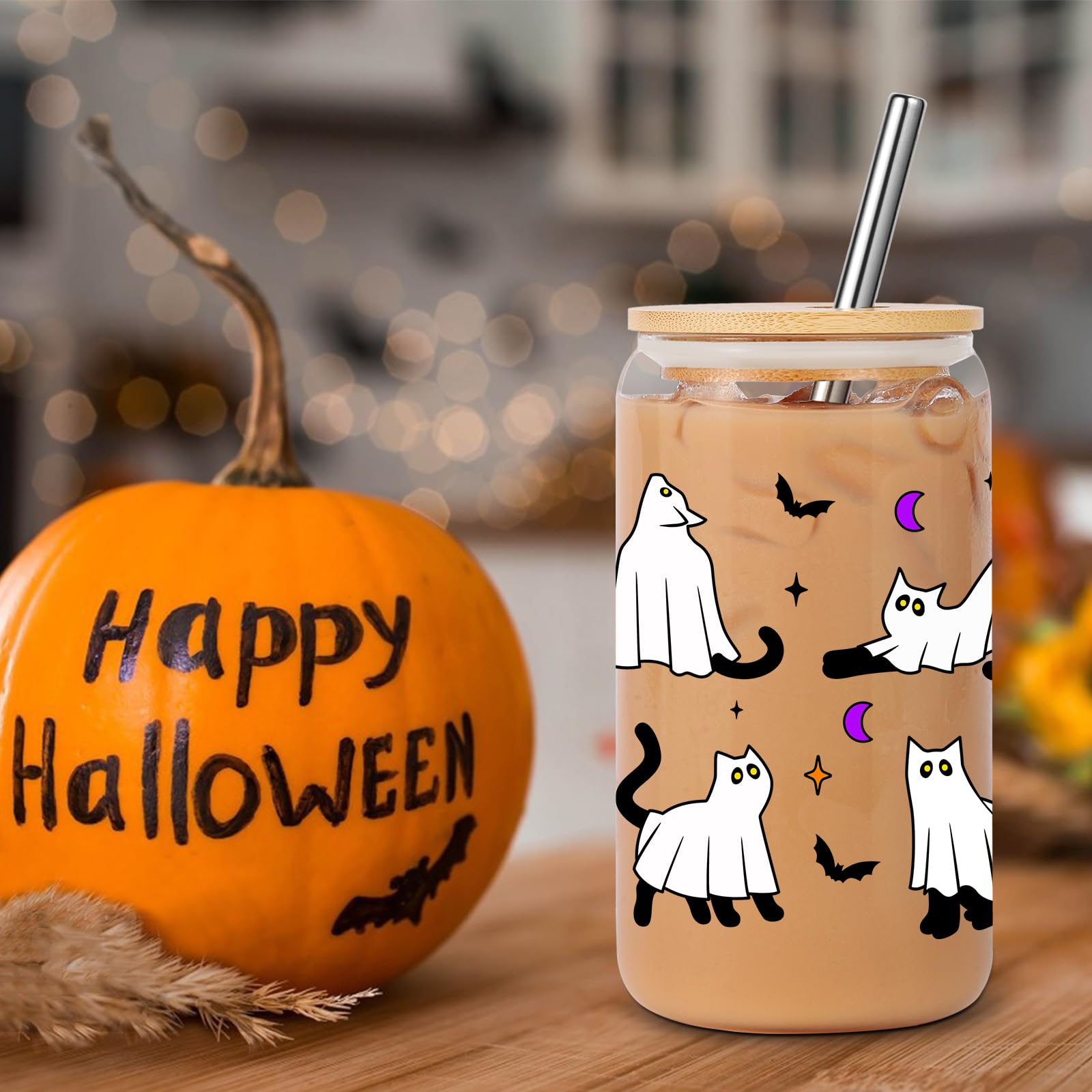 Lovearth Cute Halloween Ghost Cat Iced Coffee Cup, 16oz Halloween Glass Cup with Lid and Straw, Halloween Coffee Tumbler, Boo Basket Stuffers for Women, Men, Teens, Spooky Gifts for Cat Lovers