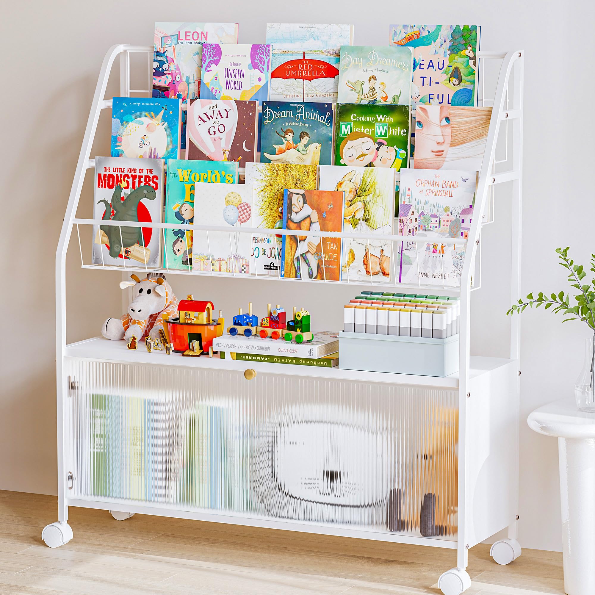 BXINREDA Kids Bookshelf and Toy Storage, White Book Shelf Rack Kids Bookcase Magazine Organizer for Kids Rooms Playroom Classroom or Bedroom