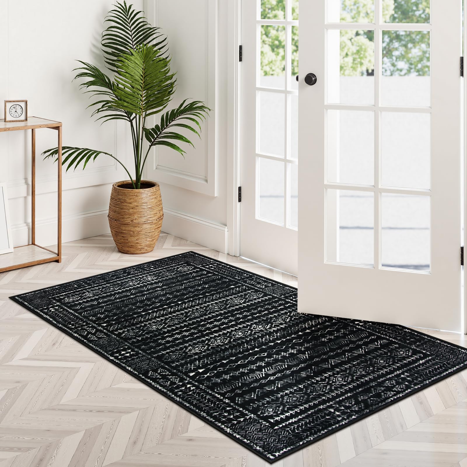 Zealude Boho Washable 3x5 Area Rugs for Kitchen Floor, Black and White Rug Modern Indoor Mats for Entryway Non Slip, Moroccan Geometric Carpet for Entrance Bathroom Living Laundry Room (3 x 5,Black)