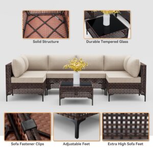 Trumbeak 7 Pieces Patio Fuiniture Set Wicker Outdoor Sectional Sofa,All Weather Brown PE Rattan Outdoor Conversation Set w/Thick Cushions and Glass Coffee Table,Sand