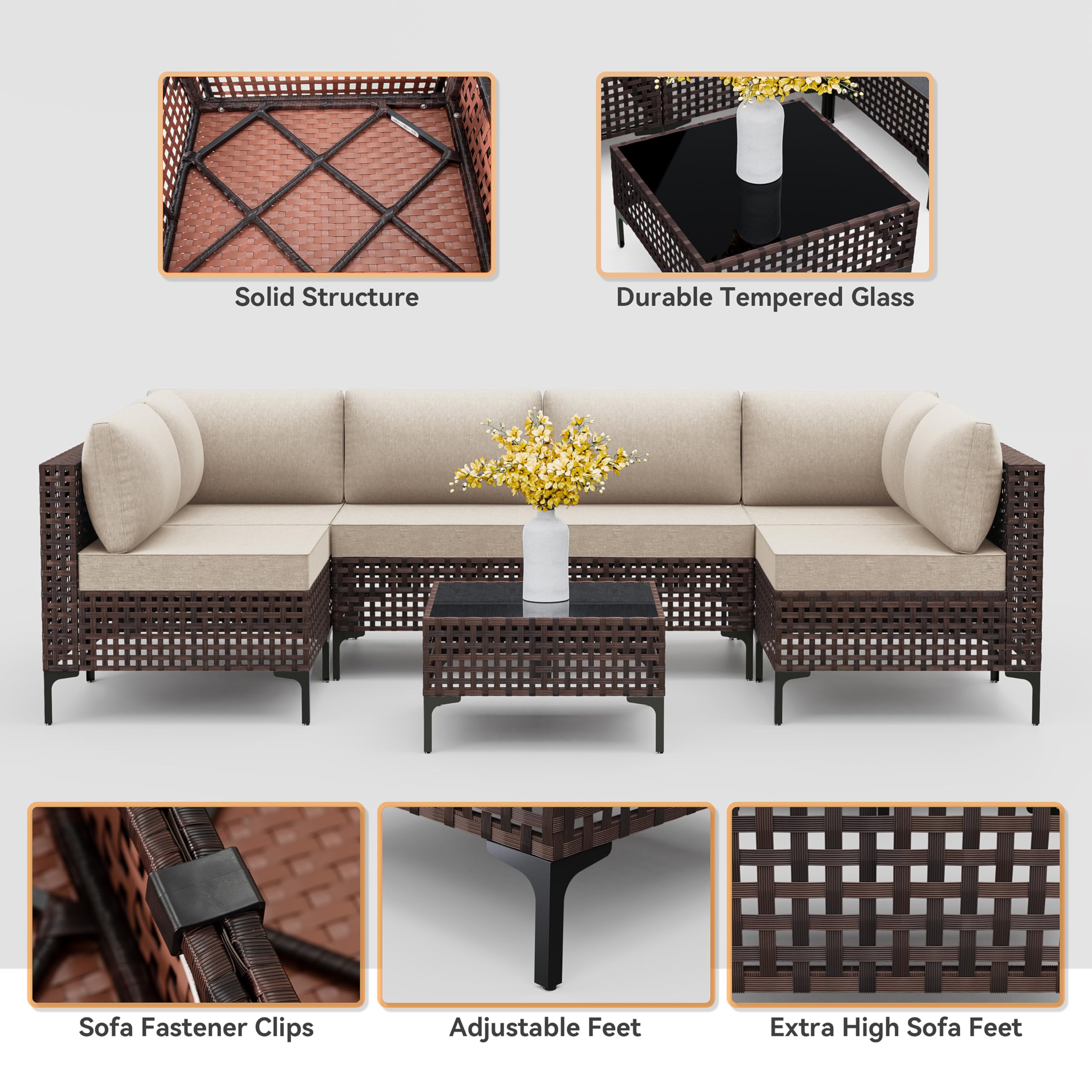 Trumbeak 7 Pieces Patio Fuiniture Set Wicker Outdoor Sectional Sofa,All Weather Brown PE Rattan Outdoor Conversation Set w/Thick Cushions and Glass Coffee Table,Sand