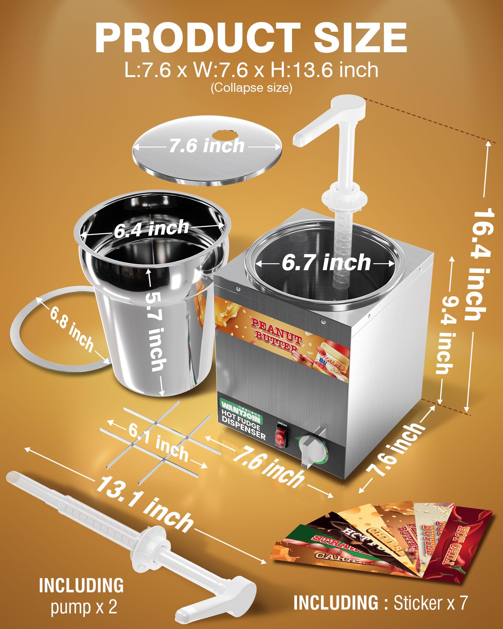 WantJoin Nacho Cheese Dispenser with Pump,4.6Qt Nacho Cheese Warmer,Stainless Steel Hot Fudge Warmer W/5-Level Temperature Adjustment,Hot Fudge Dispenser for Hot Fudge Cheese Caramel