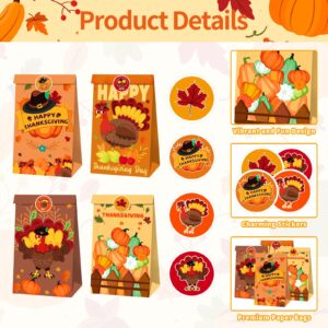 12 PCS Thanksgiving Gift Bags, Turkey Themed Paper Bags with 18 Stickers, Harvest Fall Goodie Bags Favors, Festive Pumpkin and Leaves Design, Treat Bags for Thanksgiving Day Autum Party Supplies