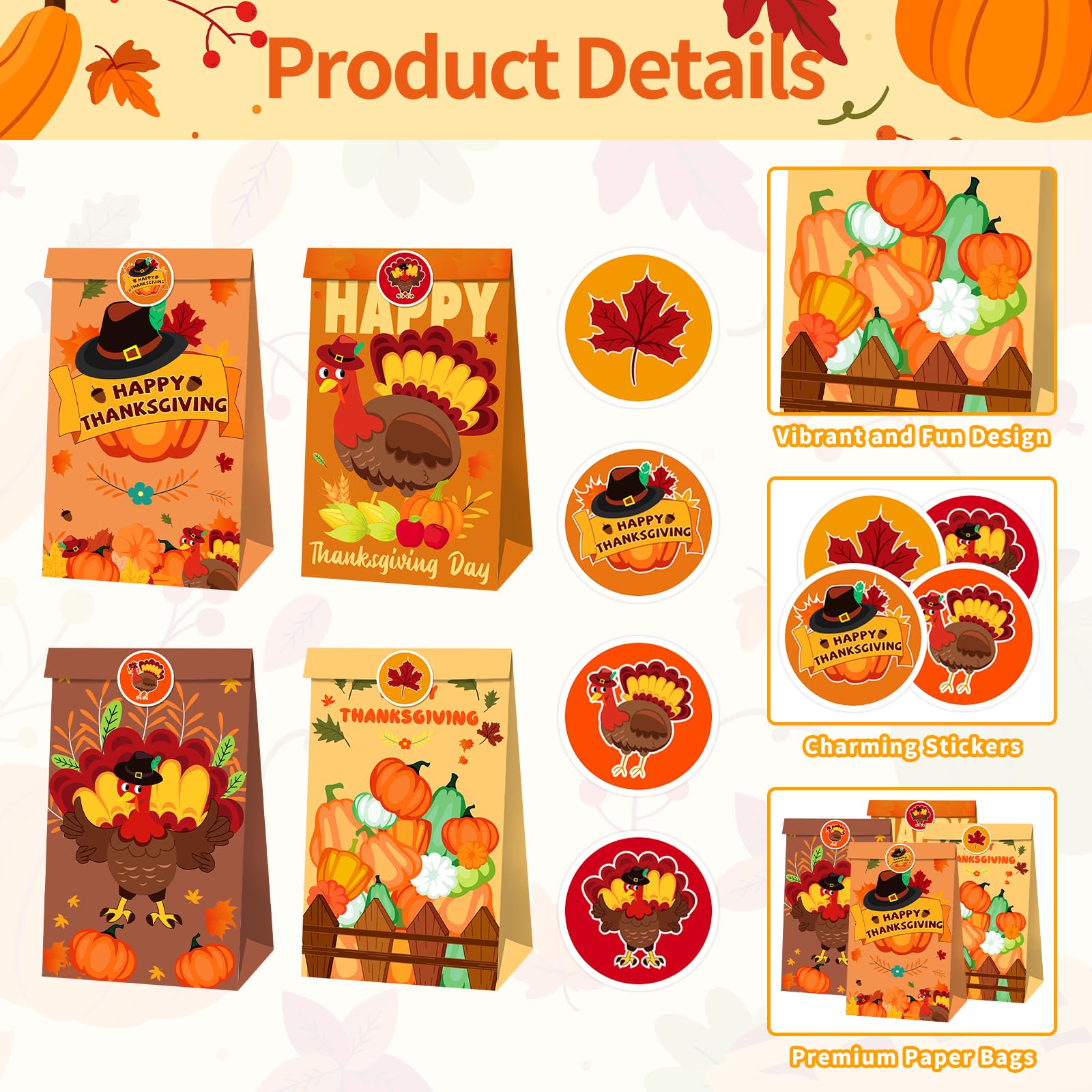 12 PCS Thanksgiving Gift Bags, Turkey Themed Paper Bags with 18 Stickers, Harvest Fall Goodie Bags Favors, Festive Pumpkin and Leaves Design, Treat Bags for Thanksgiving Day Autum Party Supplies