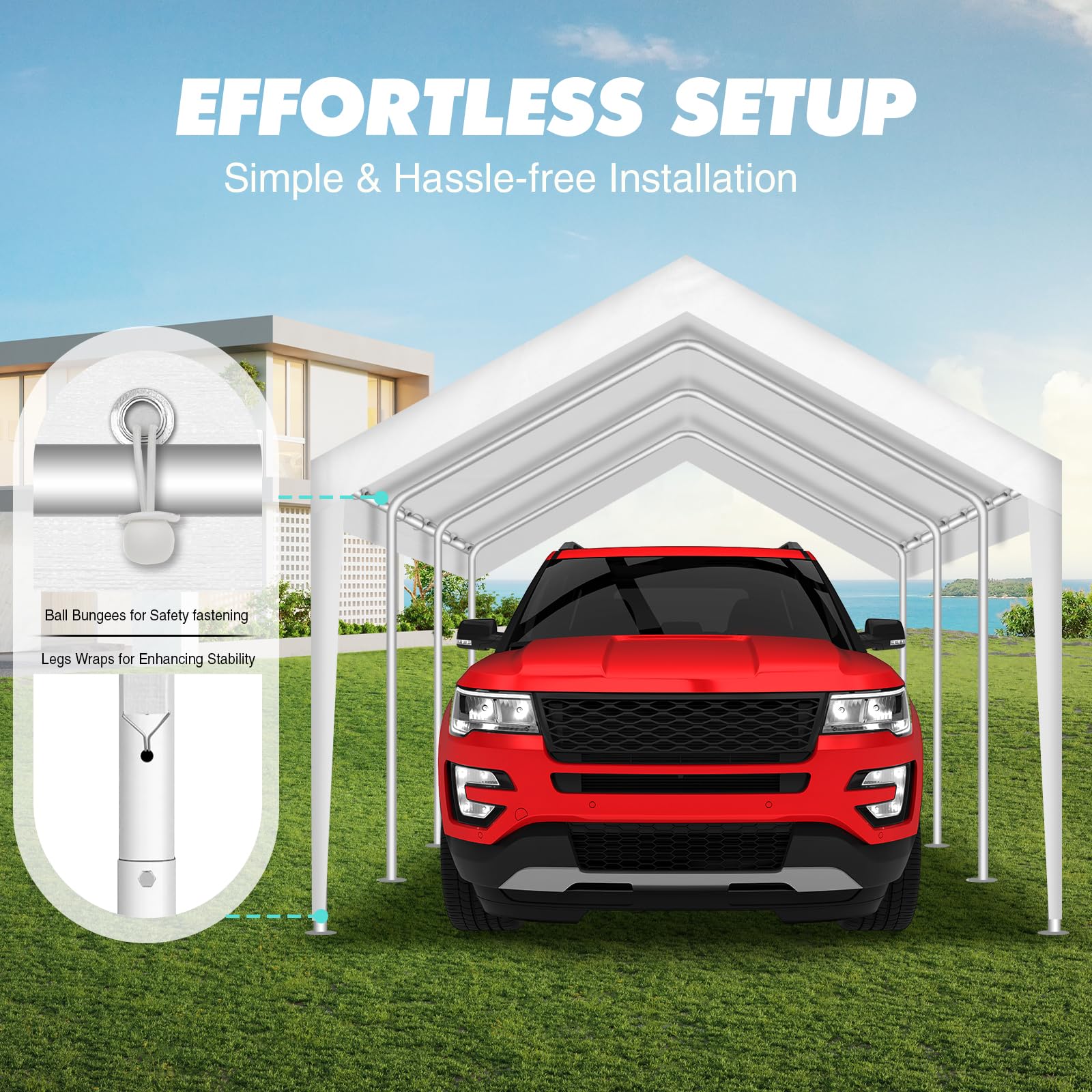 10x20FT Carport Canopy Replacement Cover Heavy Duty Waterproof & UV Protected, All Weather Car Shade Canopy with Ball Bungees (White, 10'x20')