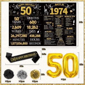 50th Birthday Decorations for Men Women, 18Pcs Include Back in 1974 Banner Decorations, Black Gold 50 Year Old Birthday Backdrop, 1974 Birthday Card, Hanging Swirl, Balloon, Paper Poms,Sash