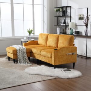 tongbaiyi 77" convertible sectional sofa couch, yellow 3 seat l shaped sectional couches with chenille fabric,storage ottoman, cup holder and magazine bags for home, apartment, dorm, compact spaces