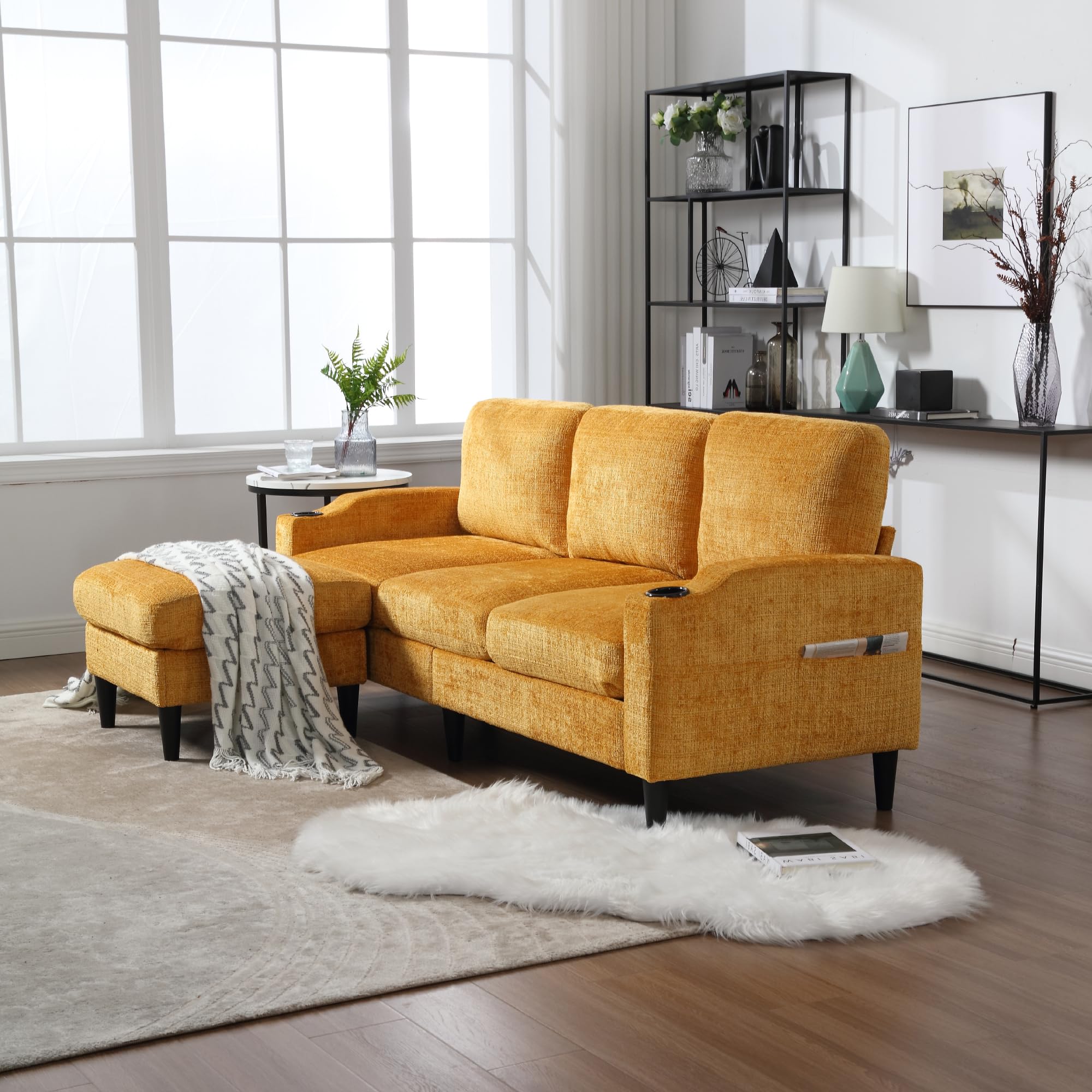 Tongbaiyi 77" Convertible Sectional Sofa Couch, Yellow 3 Seat L Shaped Sectional Couches with Chenille Fabric,Storage Ottoman, Cup Holder and Magazine Bags for Home, Apartment, Dorm, Compact Spaces