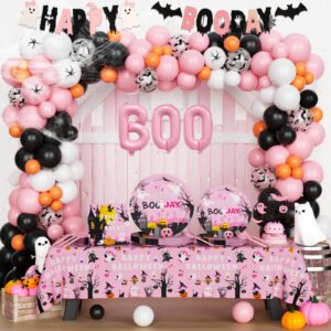 fiesec happy boo day party decorations, pink halloween birthday supplies for outdoor indoor yard home room girl, banner bat ghost spider balloon tablecloth cake topper tableware plates napkins forks