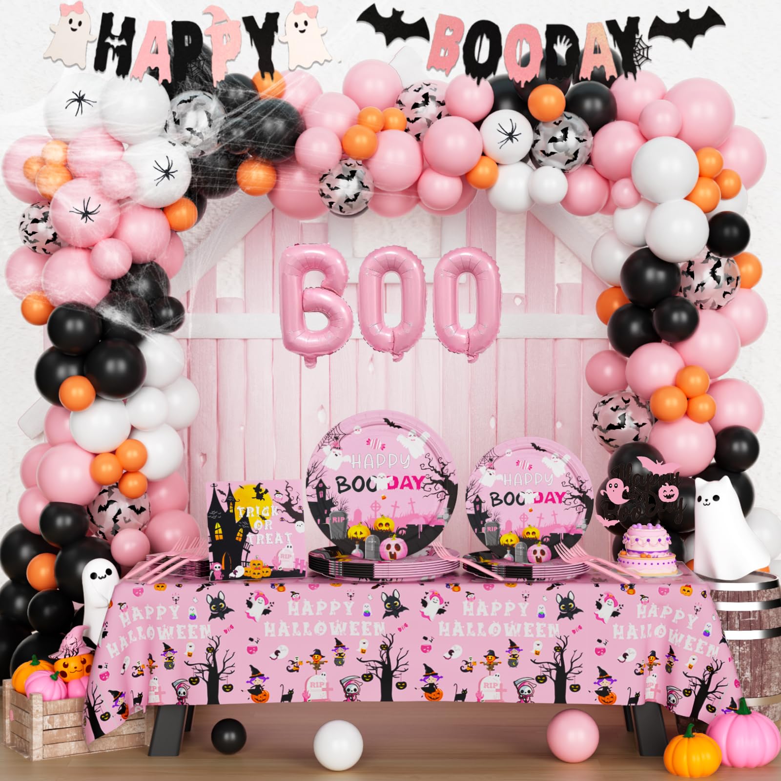 Fiesec Happy Boo Day Party Decorations, Pink Halloween Birthday Supplies for Outdoor Indoor Yard Home Room Girl, Banner Bat Ghost Spider Balloon Tablecloth Cake Topper Tableware Plates Napkins Forks