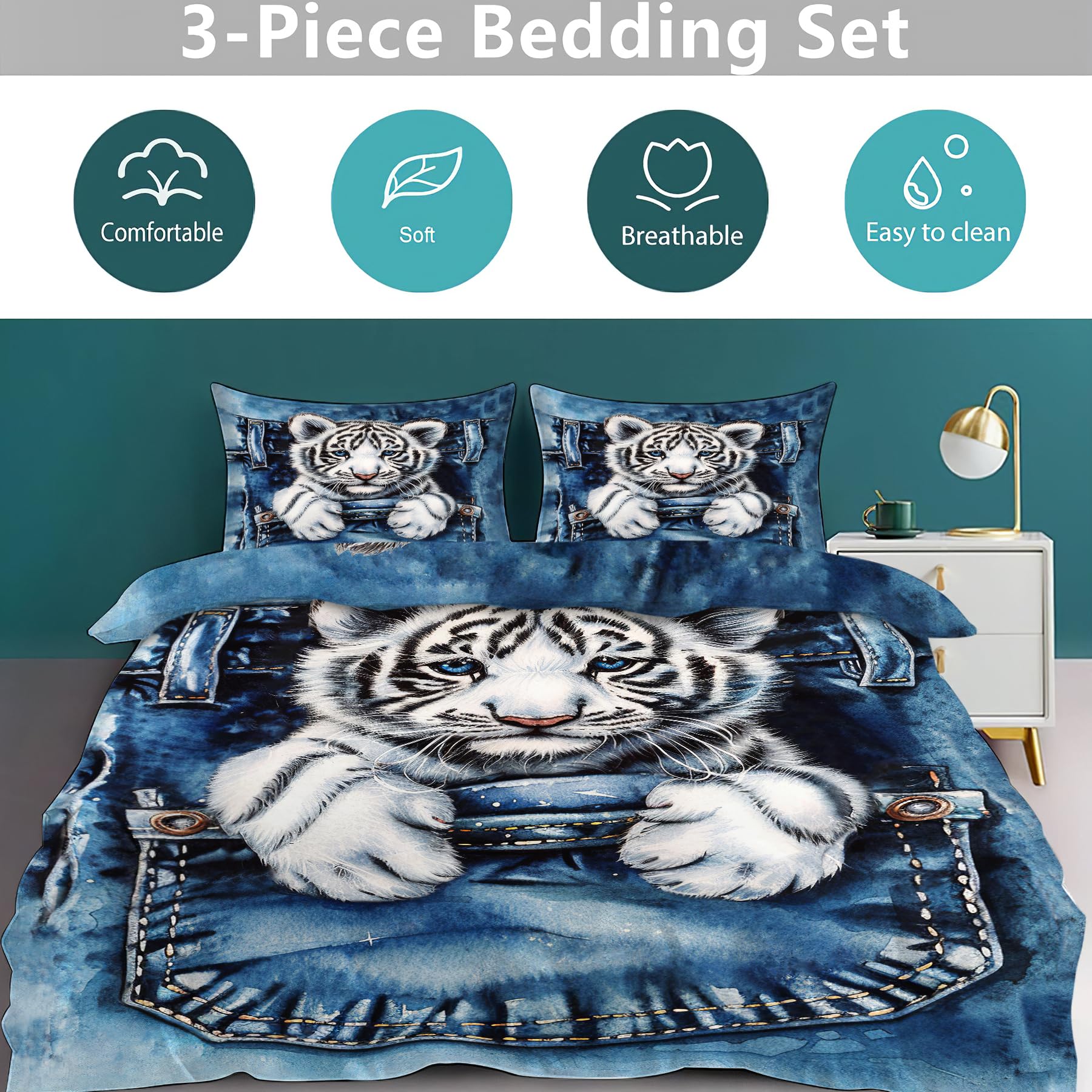 Uphomart Tiger Bedding Set 3 Pieces Full Twin King Queen Size Tiger Duvet Cover Set Comforter Cover Sets with 2 Pillowcases for Boys Girls Teens Men Women Queen