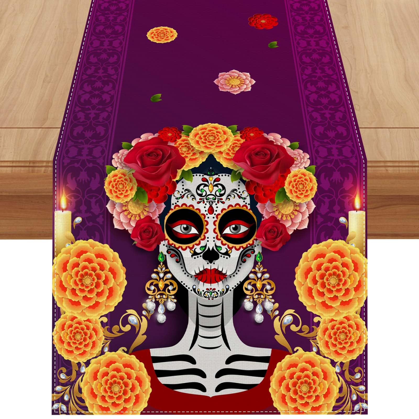 Linen Dia De Los Muertos Table Runner 72 Inches Long Day of The Dead Tablecloth Mexican Fiesta Themed Party Decorations and Supplies for Home Kitchen Dining Room Table