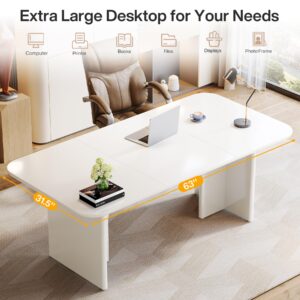 Tribesigns 62.99" Large Desk, Modern Home Office Computer Desk for 1-2 Person, Minimalist Double PC Writing Table Study Desk Executive Desk with Arch Design Legs, Cream White