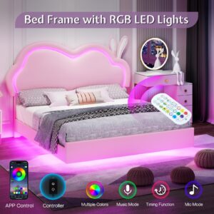 Jocisland LED Twin Bed Frame for Girls Upholstered Floating Bed with Cute Cloud Headboard, No Box Spring Needed, Leather, Pink