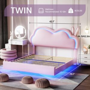 Jocisland LED Twin Bed Frame for Girls Upholstered Floating Bed with Cute Cloud Headboard, No Box Spring Needed, Leather, Pink