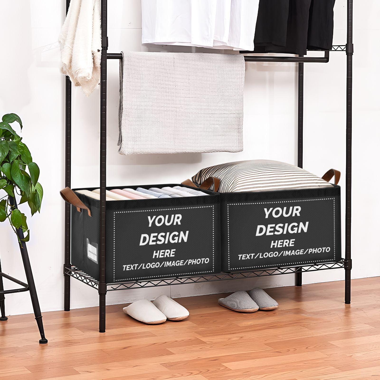 Custom Storage Bins Your Own Design Custom Foldable Containers Metal Frames Fabric Storage Baskets 2 Handles Print On Demand(1pack,black)