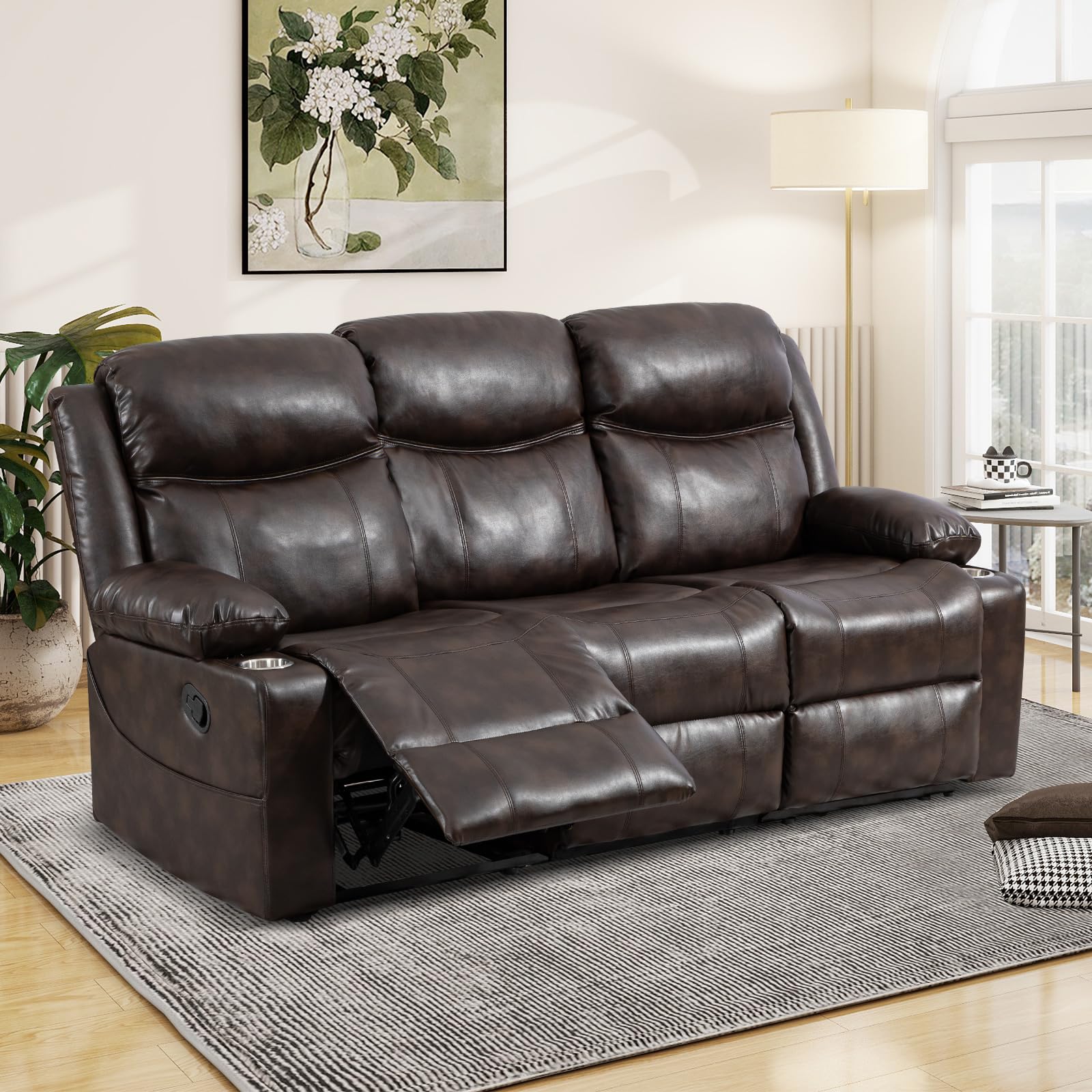 B BAIJIAWEI Reclining Sofa - 3 Seater Manual Recliner with Massage and Heat, Cup Holders, Loveseat Recliner Couch for Living Room(Brown)