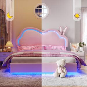 Jocisland LED Twin Bed Frame for Girls Upholstered Floating Bed with Cute Cloud Headboard, No Box Spring Needed, Leather, Pink