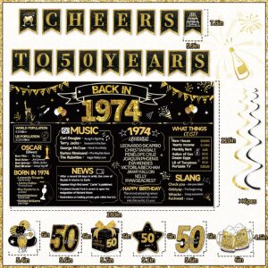 50th Birthday Decorations for Men Women, 18Pcs Include Back in 1974 Banner Decorations, Black Gold 50 Year Old Birthday Backdrop, 1974 Birthday Card, Hanging Swirl, Balloon, Paper Poms,Sash