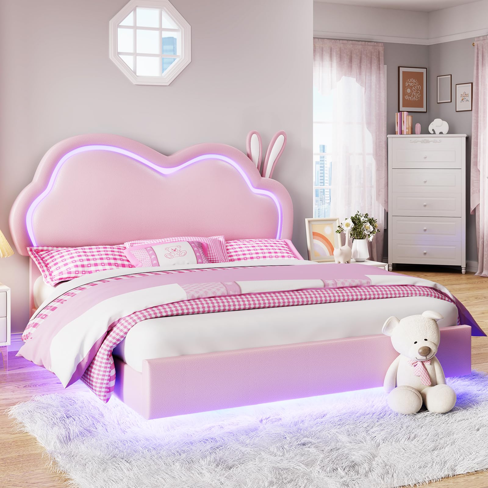 Jocisland LED Twin Bed Frame for Girls Upholstered Floating Bed with Cute Cloud Headboard, No Box Spring Needed, Leather, Pink